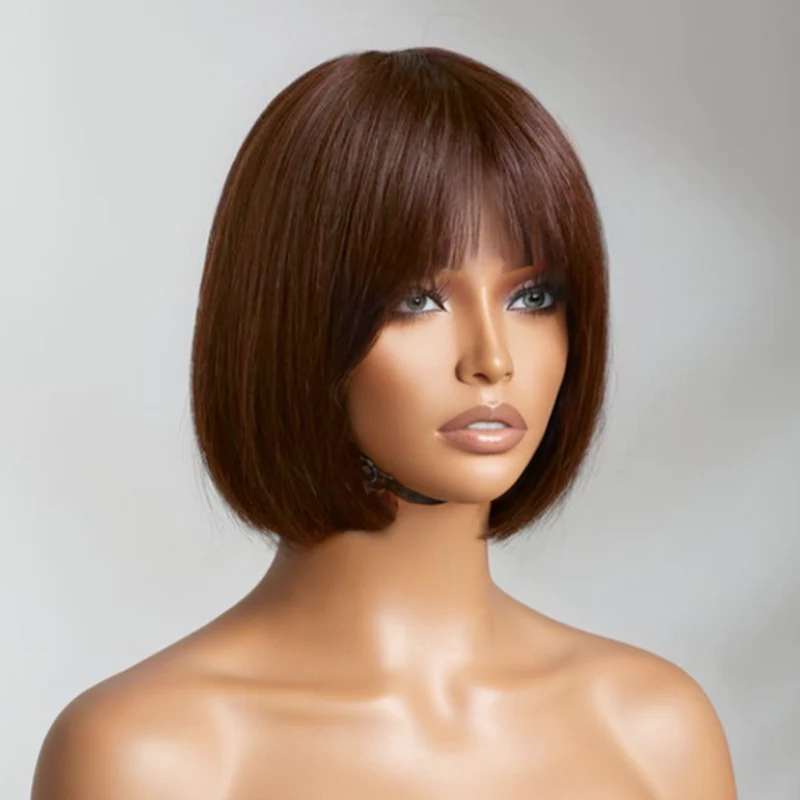 Short Straight Human Hair Bob Wigs with Bangs Remy Full Machine Made Wig for Women Burgundy Brown Colored Wear to go BOB Wig