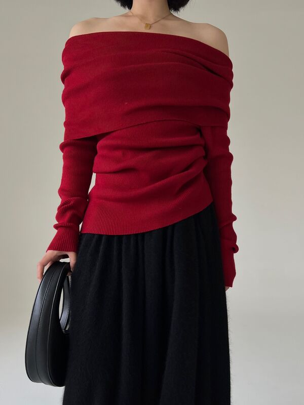 Suéteres con hombros descubiertos para mujer, Jersey elegante de punto Vintage, sólido, Top elástico alto, C-038
