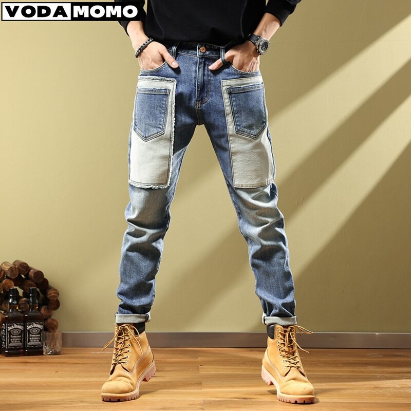 2024 New Fashion Stitching Jeans High Street Elastic Slim Men's Small Foot Pants Hip Hop Mid-Waist Clothing Cargo Pants Men