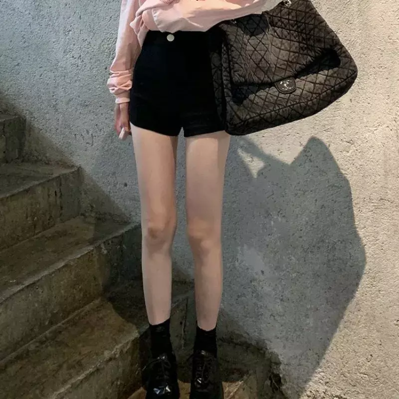 Pantalones cortos de verano para mujer, pantalón sencillo y ajustado, estilo Sexy, coreano, combina con todo, color negro, sólido, informal, cintura alta, uso diario