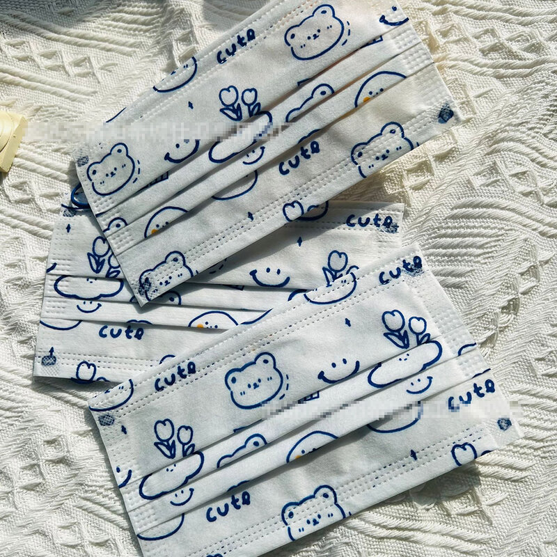 10/100Pcs Disposable Mouth Masks Fashion Adult Women Mascara 3Ply Protective Outdoor Sunscreen Face Mask Klein Blue Bear Masks
