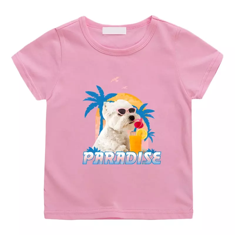 Camiseta de verano del perro del paraíso para niños y niñas, camisa de manga corta con estampado de dibujos animados Kawaii, 100% algodón
