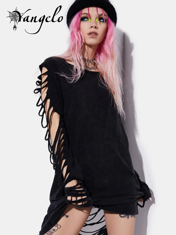 Yangelo Gothic Street Punk Fashion Women's Dress with Holes Tassels Y2K See Through Long-sleeved Irregular Dress