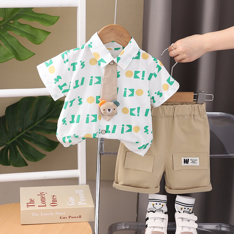 Western Baby Boys Boutique Clothing 2024 Summer Korean Style Cute Turn-down Collar Short Sleeve Shirts and Shorts Boy Outfit Set