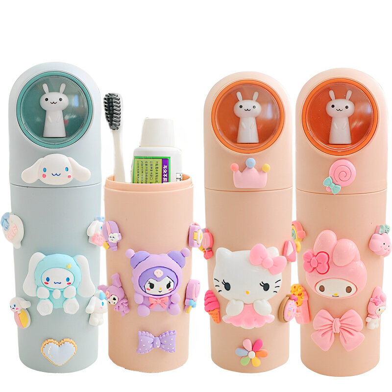 Caja de almacenamiento de taza de enjuague bucal Kawaii Sanrioed Kuromi, lindo Hello Kitty My Melody Cinnamoroll, taza de cepillo de dientes de plástico portátil de viaje