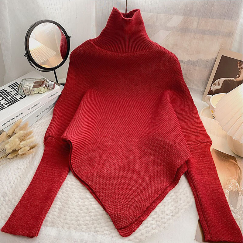Turtleneck Knitted Sweater Women Korean Fashion Solid Color Irregular Sweater Ladies Autumn Winter Casual Long Sleeve Pullovers