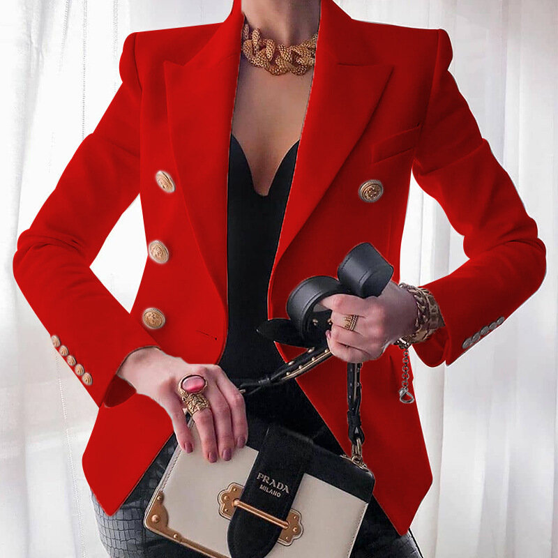 Fashion Solid Double Breasted Blazer Suits Office Ladies Work Business Outerwear Women Autumn Spring Long Sleeve Blazers Coats