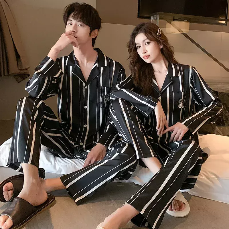 New Ice Silk Lovers' Pajamas Long Sleeve Household Garments Spring and Autumn Nightwear Women's and Men's Nightie Sleepwear