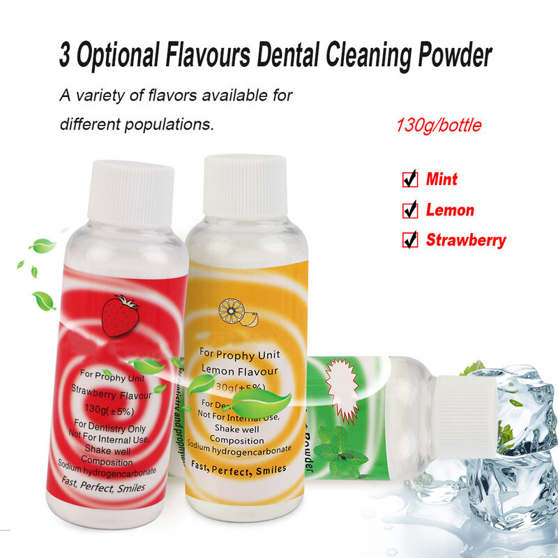 Polvo de limpieza Dental, 130g, flujo de aire, pulido de dientes, eliminación de manchas de placa Prophy, cuidado bucal, esencia blanqueadora de dientes, 3 sabores