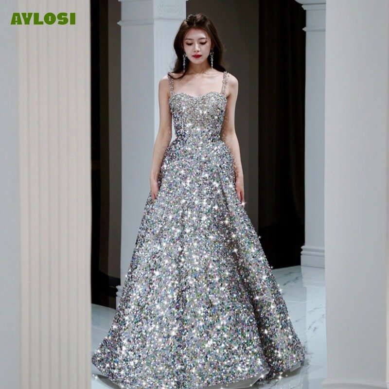 AyLosi damskie suknie balowe szelki cekiny z gwiazdek Vintage długie spódnice luksusowe suknia wieczorowa bankietowe dla kobiet przedsionek