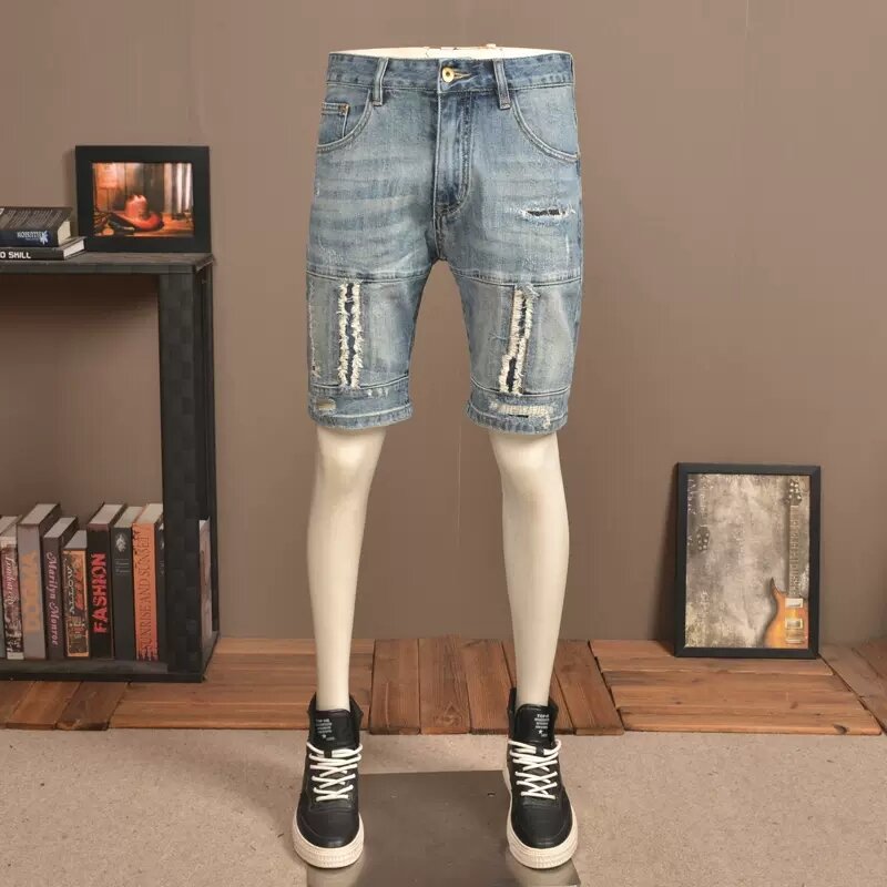 Mode-Ontwerper Zomer Heren Jeans Retro Blauw Elastische Slim Fit Gescheurde Korte Jeans Gesplitst Designer Hiphop Denim Shorts Hombre