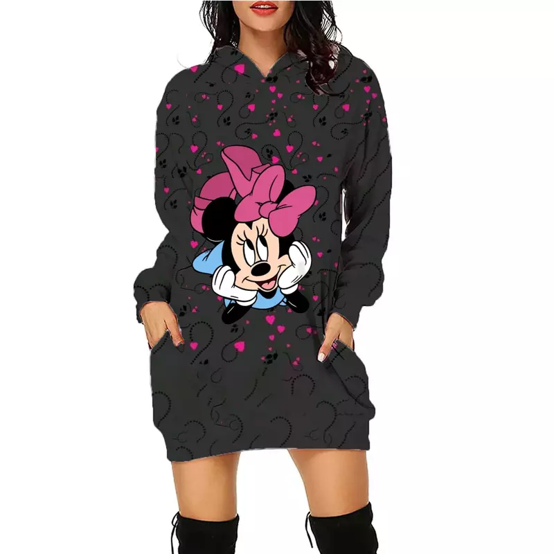 Disney elegante mangas compridas vestido com capuz para mulheres, Minnie Mouse vestidos, Mickey luxo festa mini roupas de baile, 2022