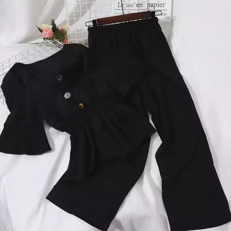 Elegante calça de botão monocromático para mulheres, decote em v, manga meia-flare, túnica, cintura elástica, calça comprida, fina, N324, moda verão