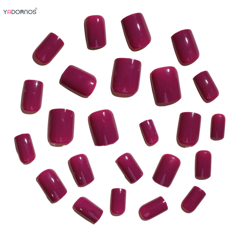 Uñas postizas de color púrpura liso para mujer, uñas postizas cortas cuadradas, manicura Simple, cubierta completa, usable, 24 piezas