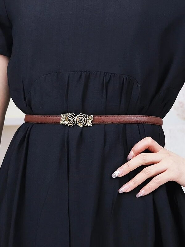 Thin Rose Designer Belt For Women Luxury Gold Metal Buckle Genuine Leather Ladies Waistband Matching Female Dresses Jeans Girdle