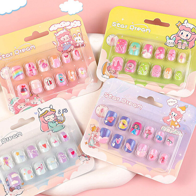 12pcs Kids False Nail Tips for Children Gift Girls Fake Nail Tips Cute Love Heart Pink Princess Nail Decoration Accessories