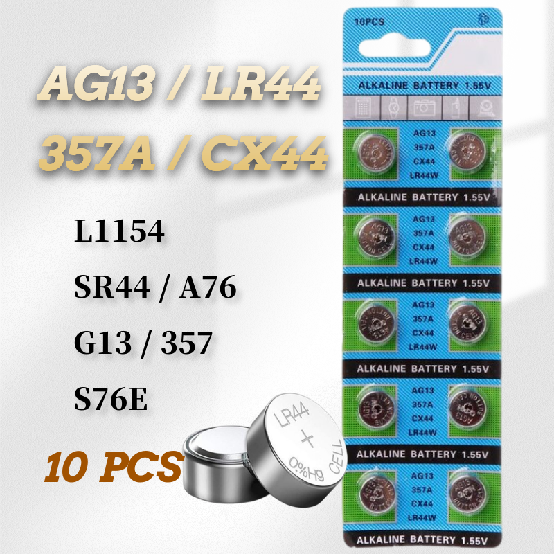 Pile bouton alcaline AG13, 10 pièces/1 paquet, LR44 357 357A S76E G13, 1.5V, pour montre, télécommande électronique