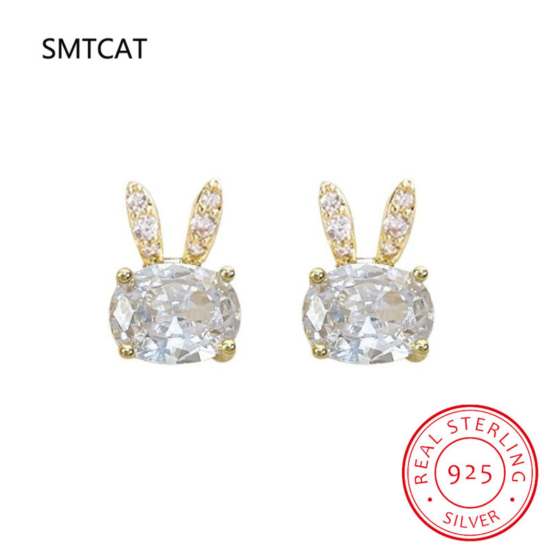 Real 925 Sterling Silver Zircon CZ Rabbit Stud Earrings For Women Party Trendy Fine Jewelry Minimalist Accessories
