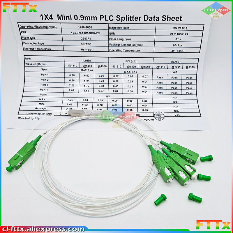Divisor de fibra óptica de modo único, lote de 10 unidades, 1x2, 1x4, 1x8, 1x16, 1x32, PLC SC/APC, 0,9mm, G657A1, LSZH, 1m, PVC, envío gratis