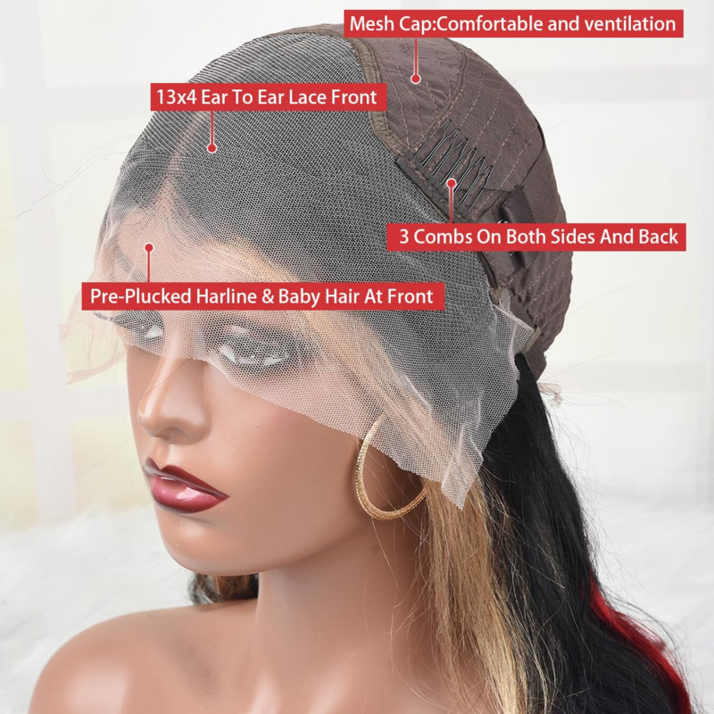 Parrucca di evidenziazione bionda rossa nera sintetica 13 x4 parrucche anteriori in pizzo trasparente Pre pizzicate con i capelli del bambino parrucca di riflessi rossi biondi