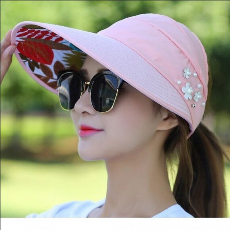 Topi pelindung matahari HHt, untuk wanita lipat pelindung matahari pantai bertepi besar perlindungan UV bersepeda atasan kosong musim panas