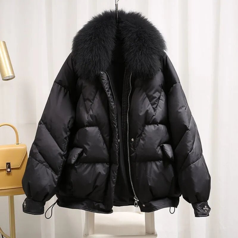 2023 zimowy nowy Vintage damski duża, futrzana kołnierz puchowy płaszcz z podszewką parki koreański luźna moda ciepła kurtka podszyta bawełną odzież wierzchnia