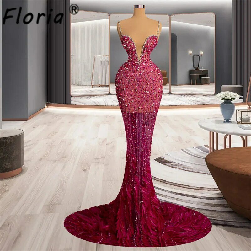 Hot Pink Beaded Pearls Crystal Formal Evening Dress Spaghetti Strap Mermaid Fashion Prom Gowns فساتين مناسبة رسمية  vestido