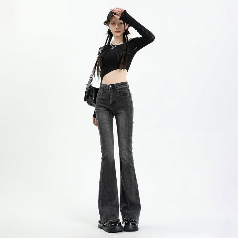 Серые расклешенные джинсы, женские облегающие брюки с завышенной талией в стиле ретро, уличные женские джинсовые брюки Y2K, весна-осень