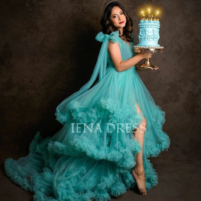 Blue Tulle Layered Ruffled Maternity Dress for Photoshoot Sexy Sleeveless Princess Mesh Pregnnacy Photo Gown Baby Shower Robe