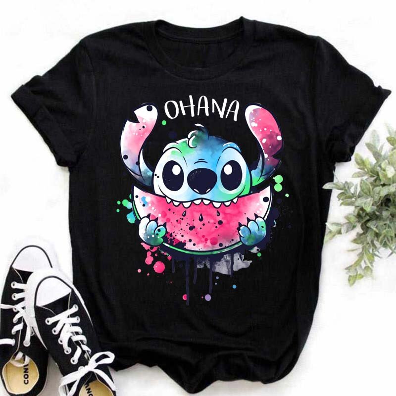 Disney Lilo Stitch Cartoon T-shirts Tops for Women Lady S-3XL Summer Female T-shirts Black O-neck Ohana Stitch Hot Tees T-shirts