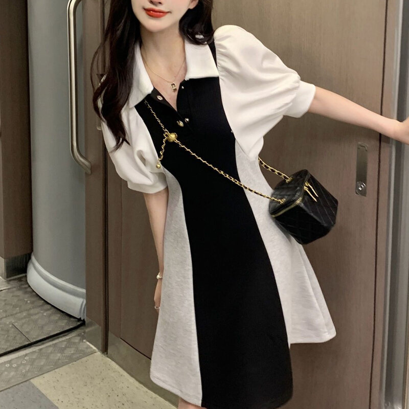 Summer New POLO Collar Fashion Puff Sleeve Midi Dress Women High Street Casual Button Dresses Contrast Color Patchwork Vestidos