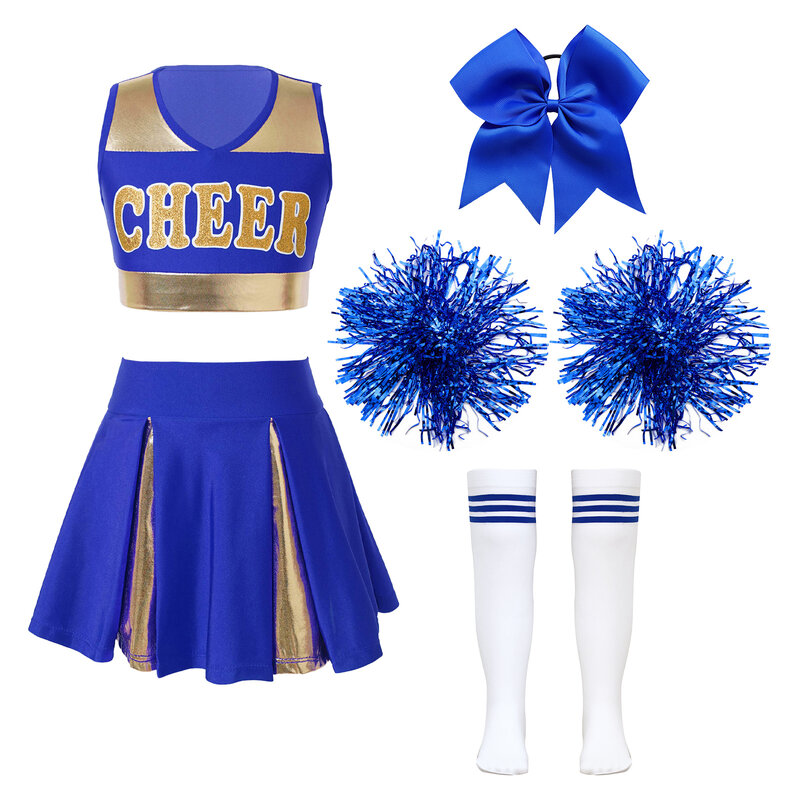 Kinderschool Meisjes Cheerleader Uniformen Mouwloze Crop Top Rok Sokken Kleding Sets Voor Kinderen Cheerleading Dans Outfits