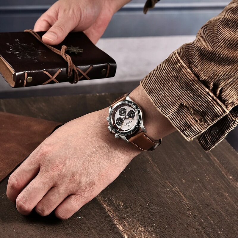 PAGANI DESIGN-relógio de quartzo vintage para homens, relógio de pulso movimento VK63, pulseira de couro branco, mostrador 3-olho, couro, 40mm, aço 316L, 2023