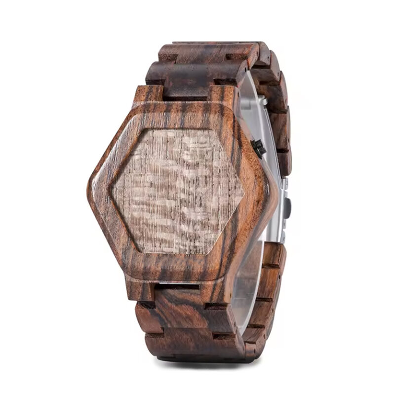 Jam tangan elektronik tahan air pria wanita, arloji Display Digital kalender tali kayu dapat disesuaikan