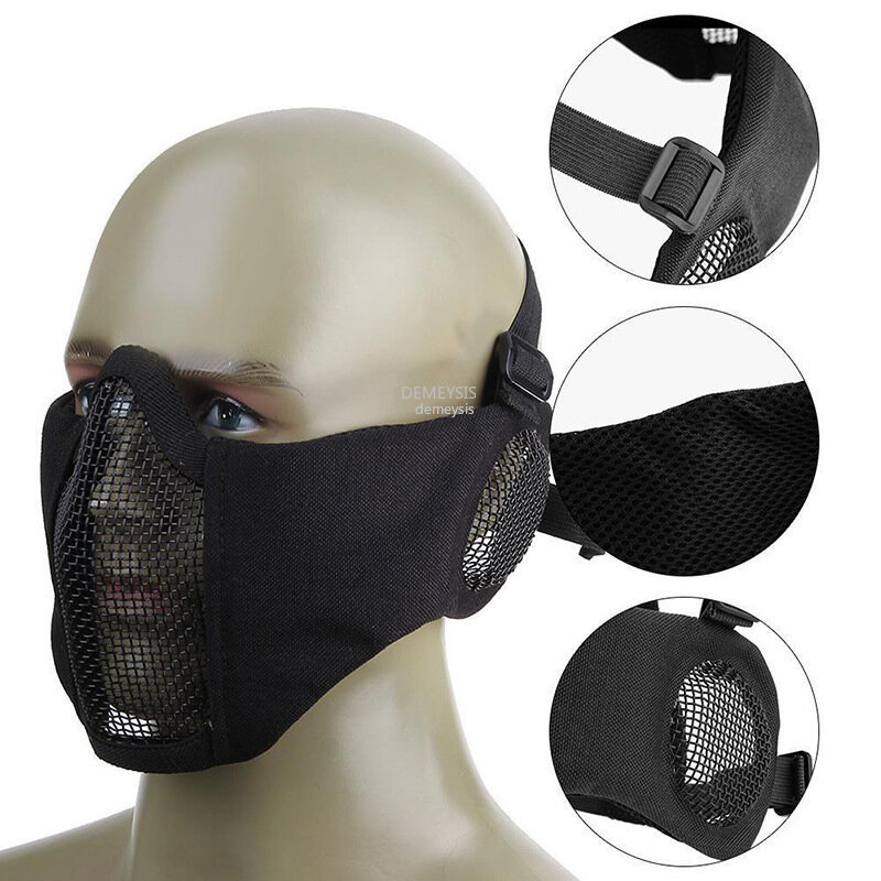 Tactical Metal Steel Net Mesh Mask, Caça Meia Máscara Facial, Proteção de orelha, Airsoft Camuflagem Guarda Máscara