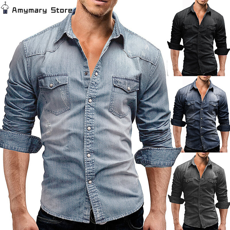 Men's Vintage Denim Shirt Solid Long-sleeved Lapel Casual Slim Fashion Washed Cotton Shirt Western Cowboy Business Shirt Tops