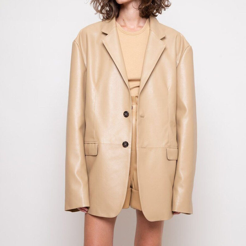 Abrigo de piel auténtica con dos botones para mujer, chaqueta holgada con hombro caído, estilo Unisex, traje de piel de oveja, primavera y otoño, 2023