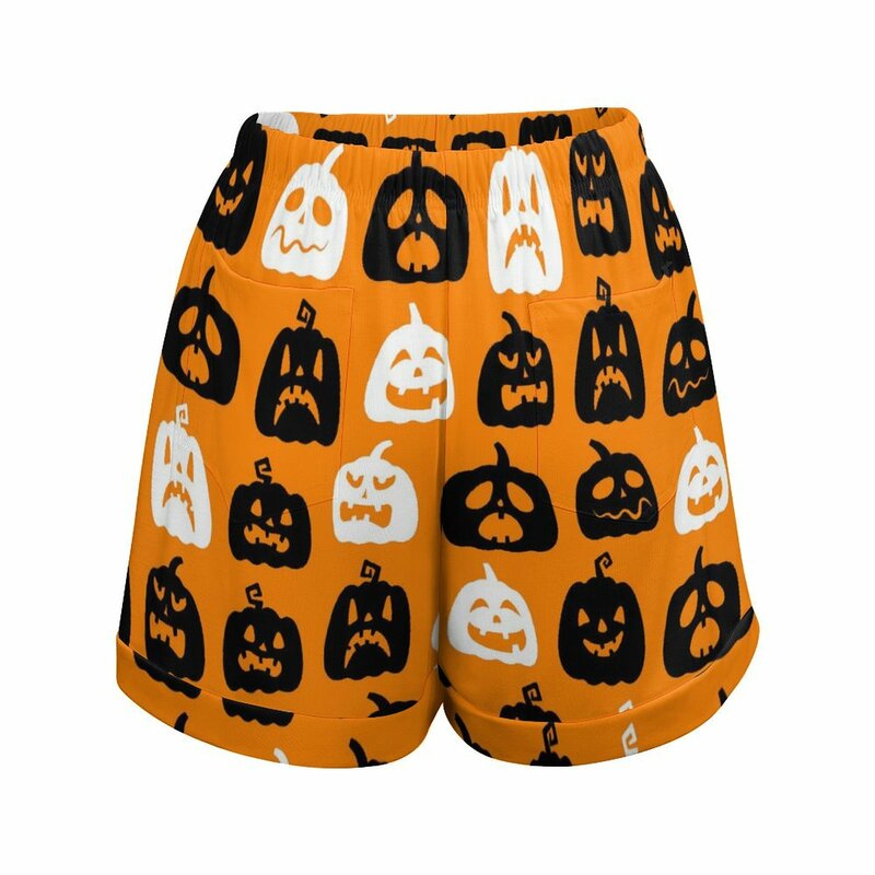 Happy Haunts-Shorts grandes para senhoras, abóboras de Halloween, Street Wear, cintura alta, calça curta sexy, fundo design, preto e branco