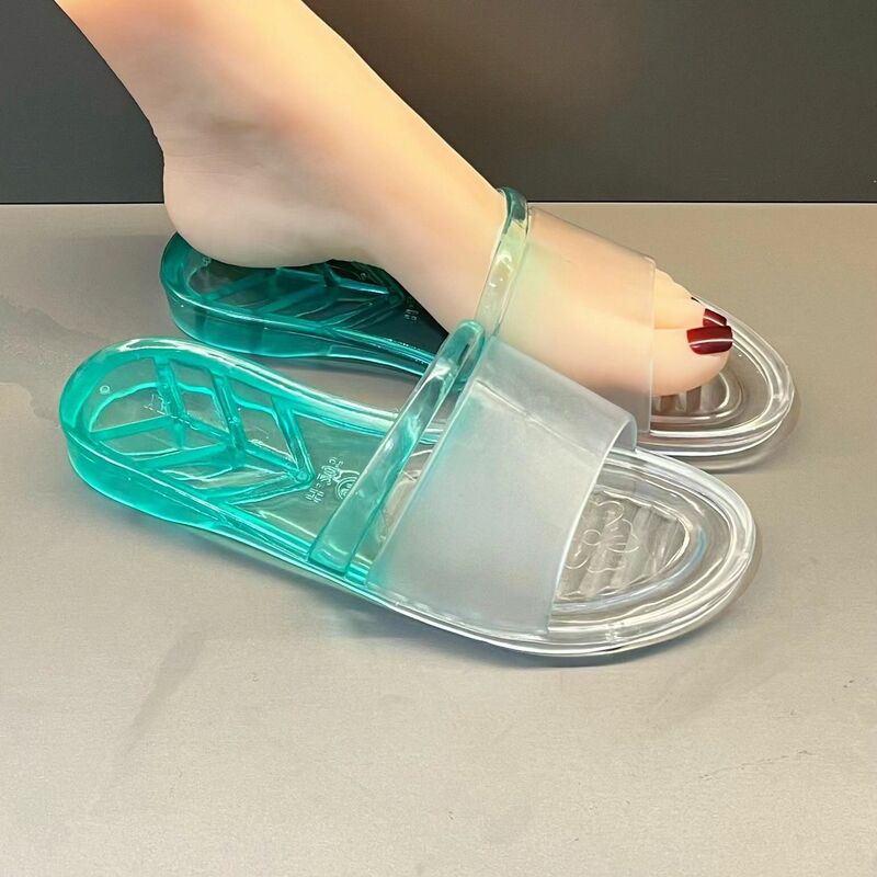 Sandal rumah wanita sol datar satu kata, sandal rumah musim panas gradien anti selip sol lembut, sandal luar ruangan kristal