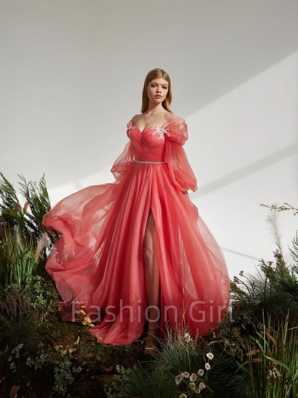 Elegante Sweet Off the Shoulder Prom Dress, Vestido de festa até o chão, Uma linha de tule, Ocasião formal elegante