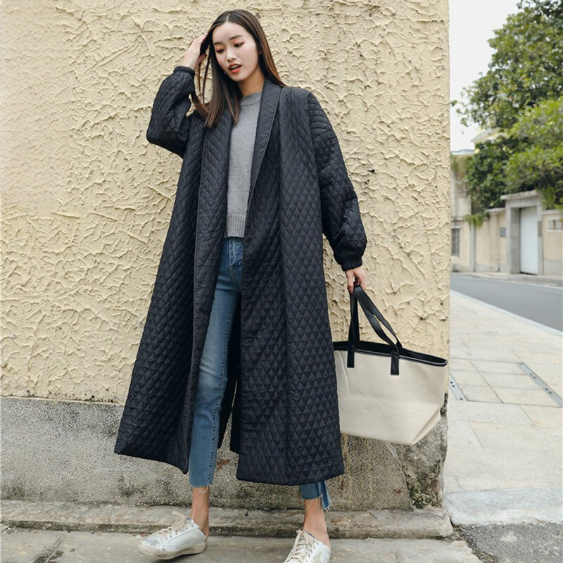 New Street Thin Style Black Oversize Lapel Back Vent Button 2024 Female's Long Cotton Coat Jaqueta Feminina