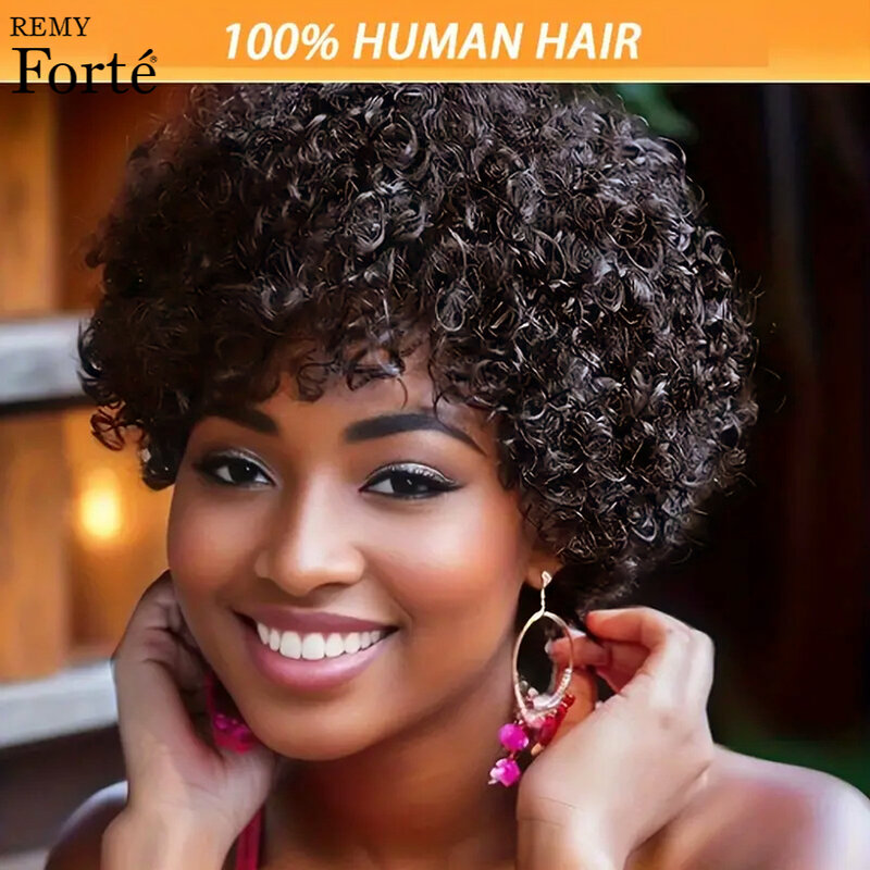 Remy Forte-pelucas de cabello humano Afro rizado para mujer, corte Bob Pixie corto, pelo Remy hecho a máquina