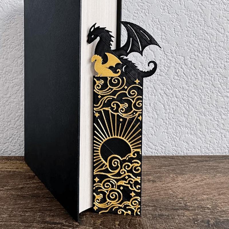 Marcapáginas de dragón negro, marcapáginas de dragón dorado con sol y nubes, decoraciones de libros, accesorios para amantes de los libros, amigos # W0