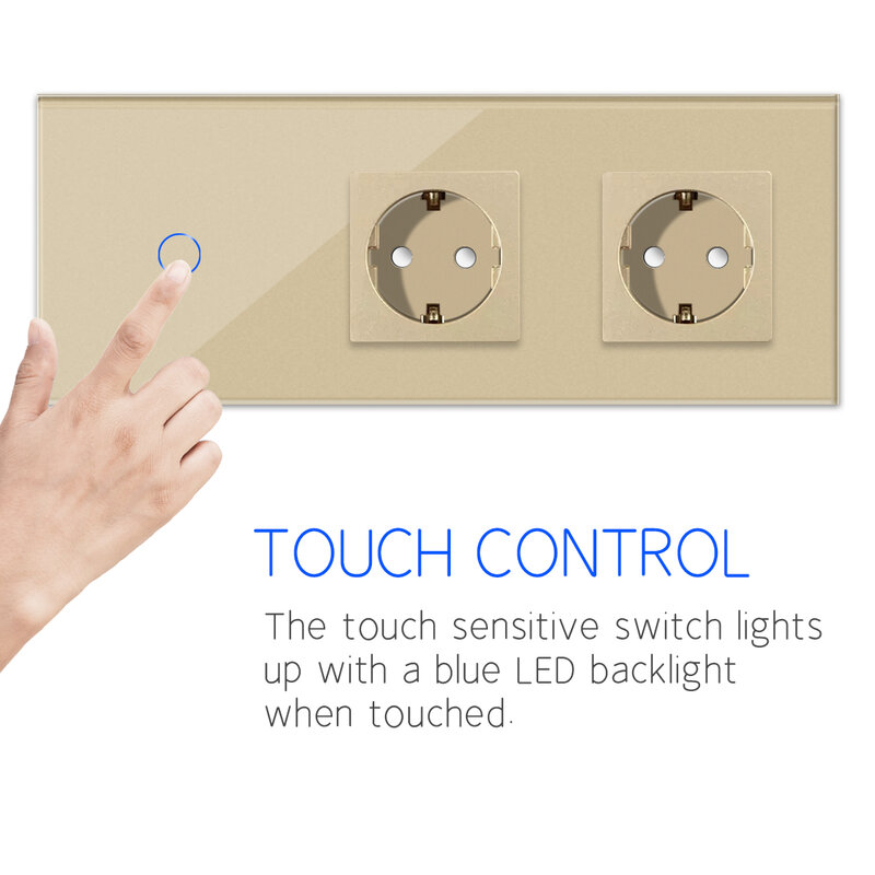 DAJIMEI EU Standard 1 2 3 Gang Wand Touch Schalter mit Sockel 2/3way Licht Schalter für Treppen Wasserdicht gold Glas Panel