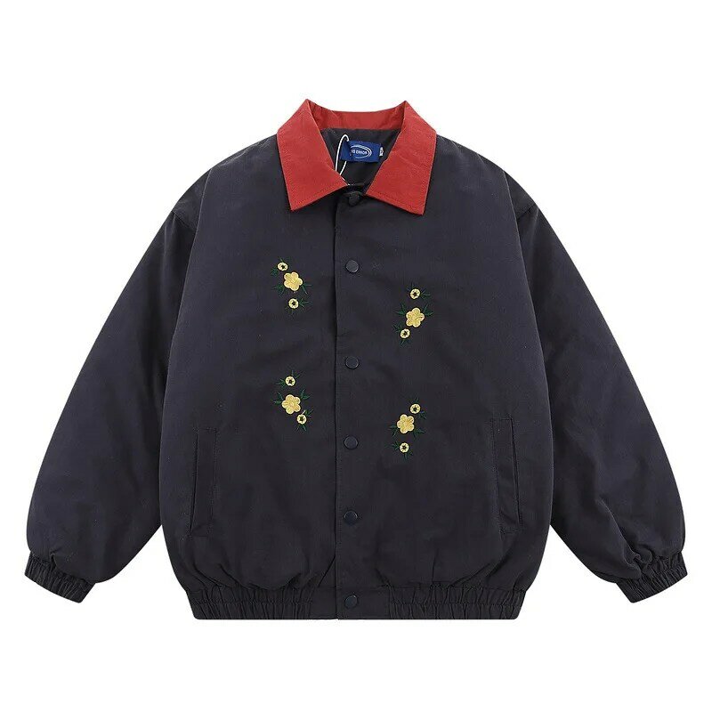 Vintage Flower Embroidery Padded Jackets Loose Man Woman Winter Lapel Thick Warm Parkas Japanese Harajuku Bubble Puffer Coats