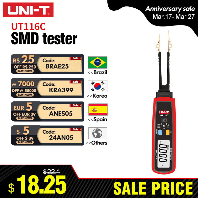 UNI-T UT116C SMD Tester 36V DC Spannung Batterie Messung Drehbare Pinzette LED Diode Multimeter Widerstand Kondensator Tester