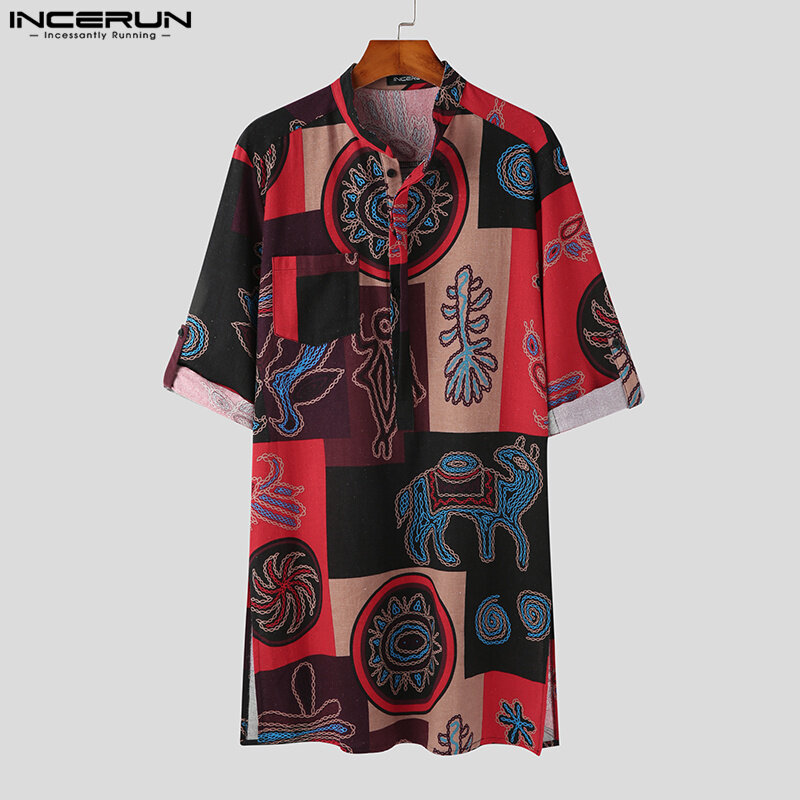 INCERUN jubah model Muslim untuk pria, jubah bergaya Muslim baru S-5XL Totem kerah berdiri modis desain gaya panjang, jubah Lengan sedang untuk pria 2023