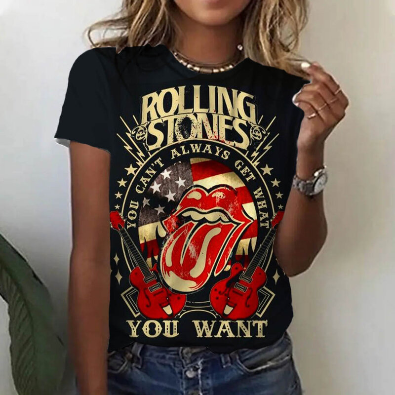 Camiseta de manga curta extragrande feminina, roupa solta, Rolling Stones, lipprint sexy, tops com o pescoço, verão