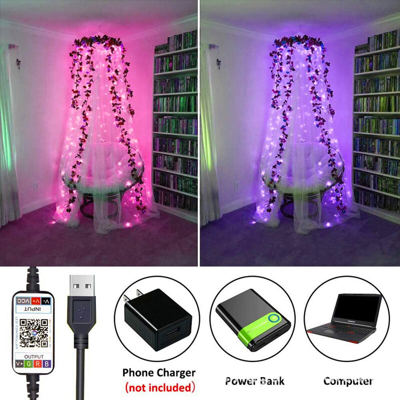 Lampu Setrip Natal RGB Cerdas, Lampu Dekorasi Tahun Baru 16 Warna, Lampu Kawat Tembaga USB Tahan Air dengan Kontrol Bluetooth