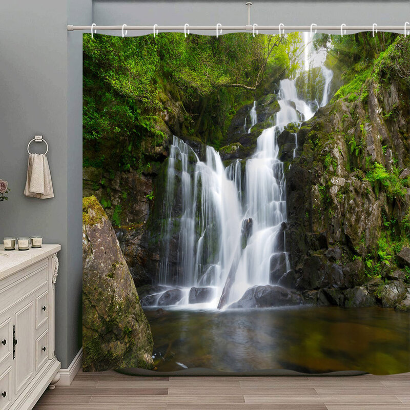 모던 3D 포레스트 샤워 커튼, 열대우림 폭포 강 자연 풍경, 정글 정원 폴리에스터 원단, 욕실 장식 커튼